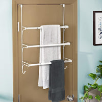 Adjustable Over The Door Triple Towel Rack with Hooks, White
