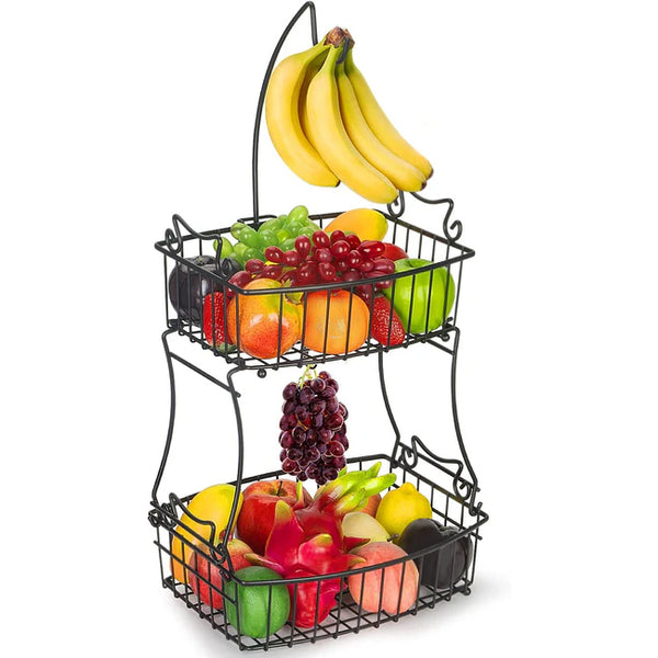 2-Tier Fruit Basket Bowl with Banana Hanger, Metal Wire Fruit Stand Storage, Black