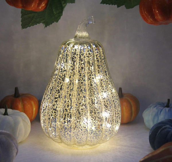 8.5" LED Pumpkin with Timer for Thanksgiving and Christmas Decorations - Silver